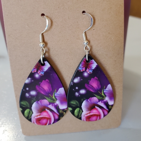 Pink Butterfly & Flowers Teardrop Earrings - Picture 8 of 12